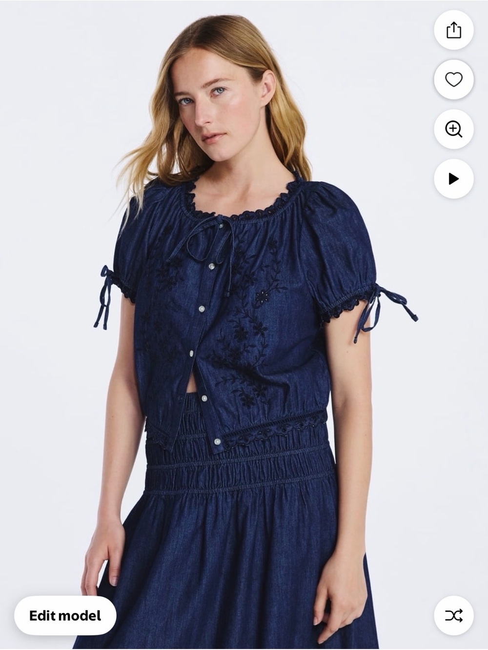 Woven Peasant Button-Front Top in Navy
